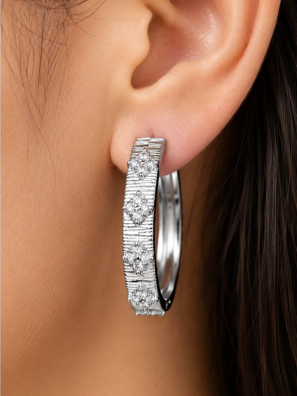 Elegant Silver tone Crystal Hoop Earrings - Silver tone finish